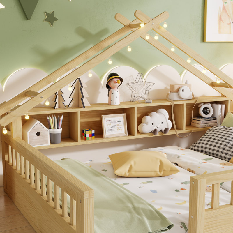 Lit simple en bois avec toit, étagères de rangement et lumière pour enfants, naturel, Lit simple, Naturel
