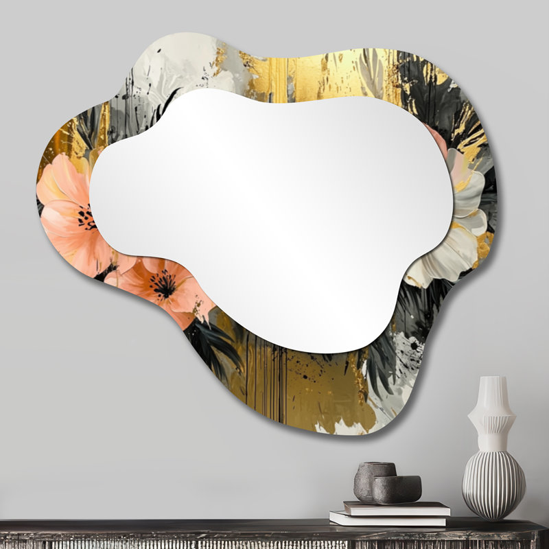 Hibiscus doré dans une symphonie tropicale I - Hibiscus, miroir asymétrique irrégulier, miroir mural traditionnel, imprimé sur métal