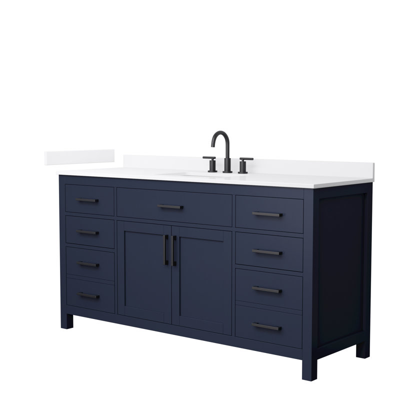 Beckett 66" Freestanding Single Bathroom Vanity with Quartz Top, White Quartz, Dark Blue, Matte Black