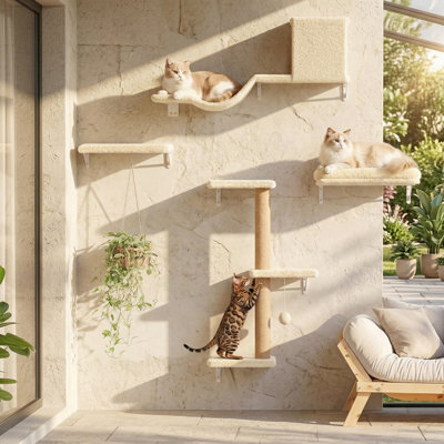 Cat Wall Shelves, Stable 4-in-1 Wall Furniture Set, Wooden Kitten Climbing Wall with Scratching Post, Beige
