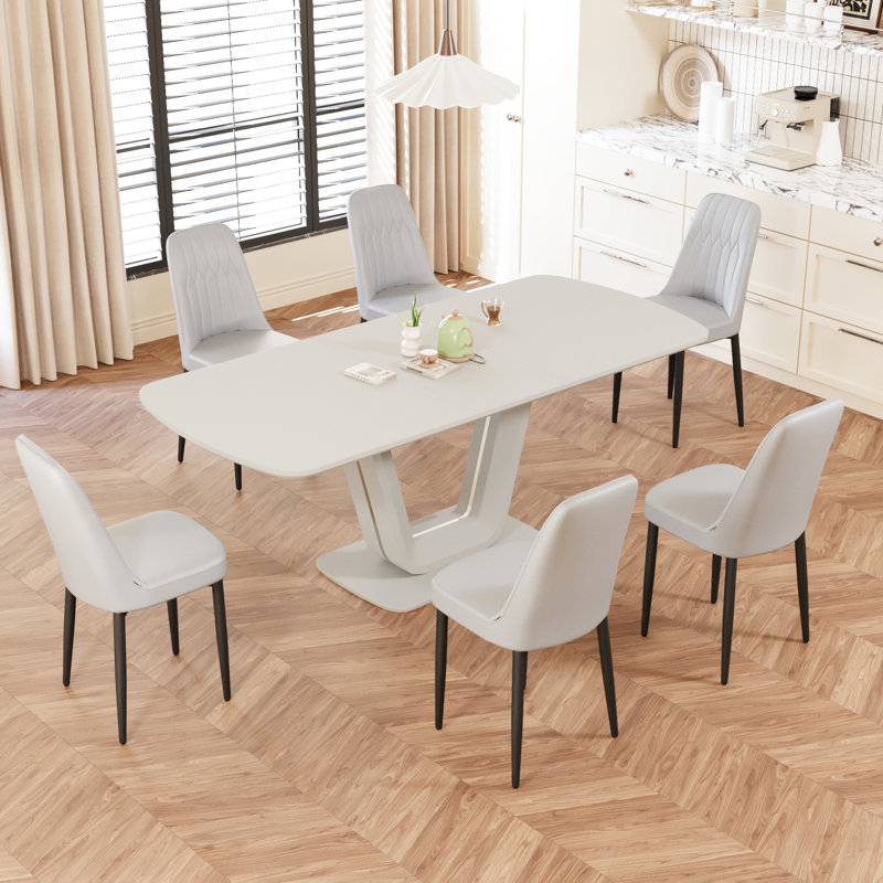 Table de salle à manger extensible et 6 chaises en tissu polyuréthane avec pieds en forme de U pour un repas Repas rapides simples