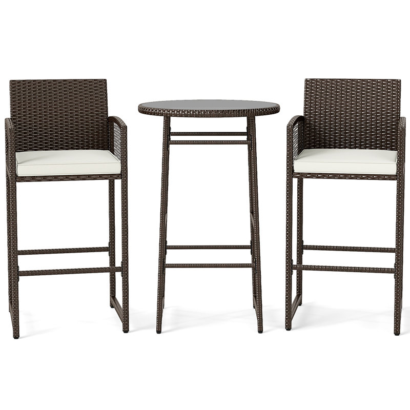  3 Piece Wicker Patio Bar Set w/ 2 Seat Cushions Glass Tabletop for Backyard