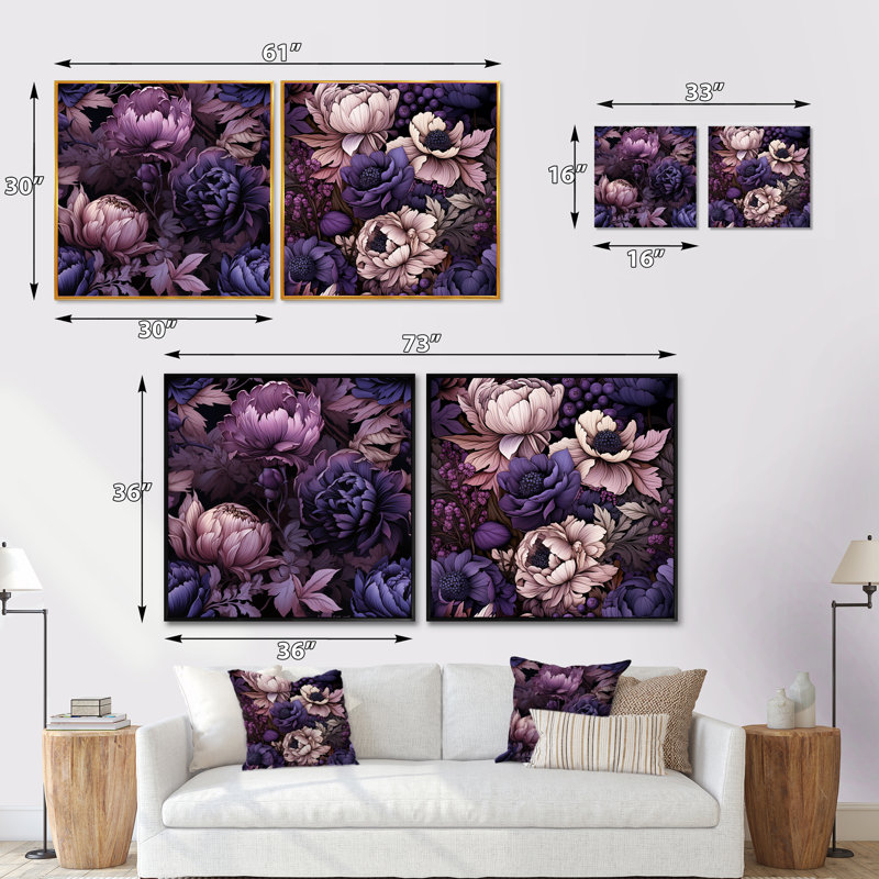 Willesden - Ensemble de 2 collages floraux carrés, Cadre flottant noir, H 36 po x l 73 po