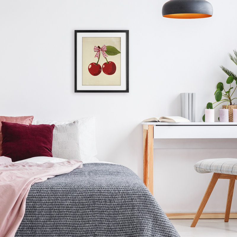 «Cherries with Pink Plaid Bow», reproduction encadrée sous verre, design par Christine Simpson Art, Cadre noir minuit
