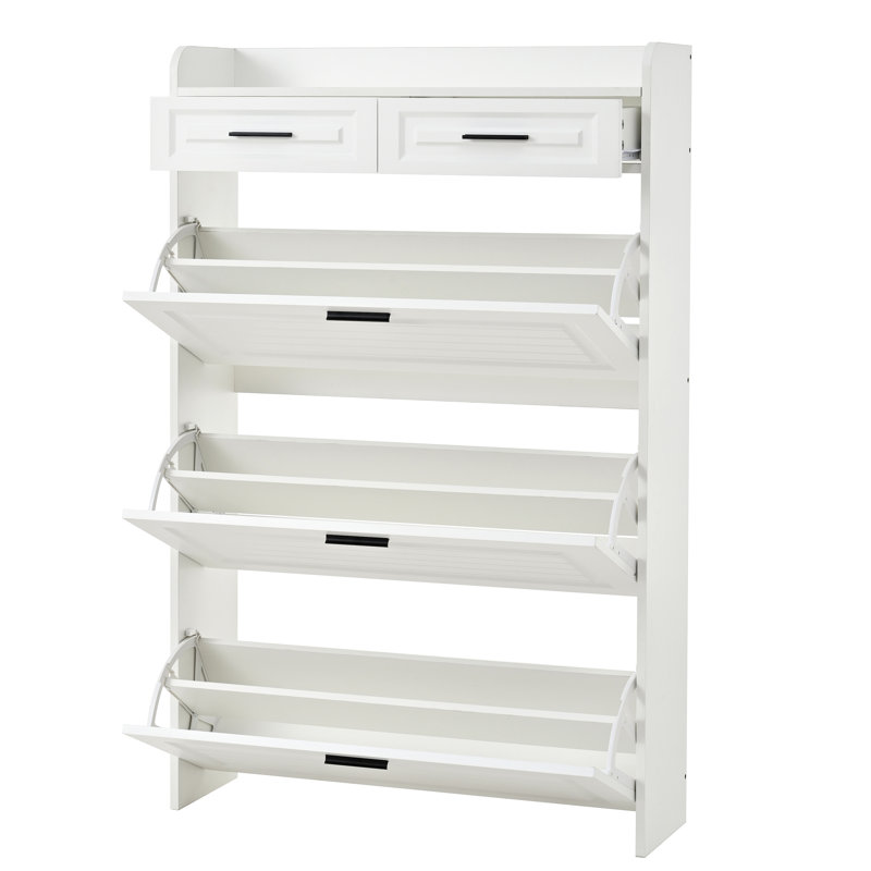 Shoe Cabinet With 3 Hidden Flip Drawers & 2 Storage Drawer,Particle Board Narrow Shoe Storage Cabinet,Freestanding Shoe Organizer Cabinet For Entryway Hallway
