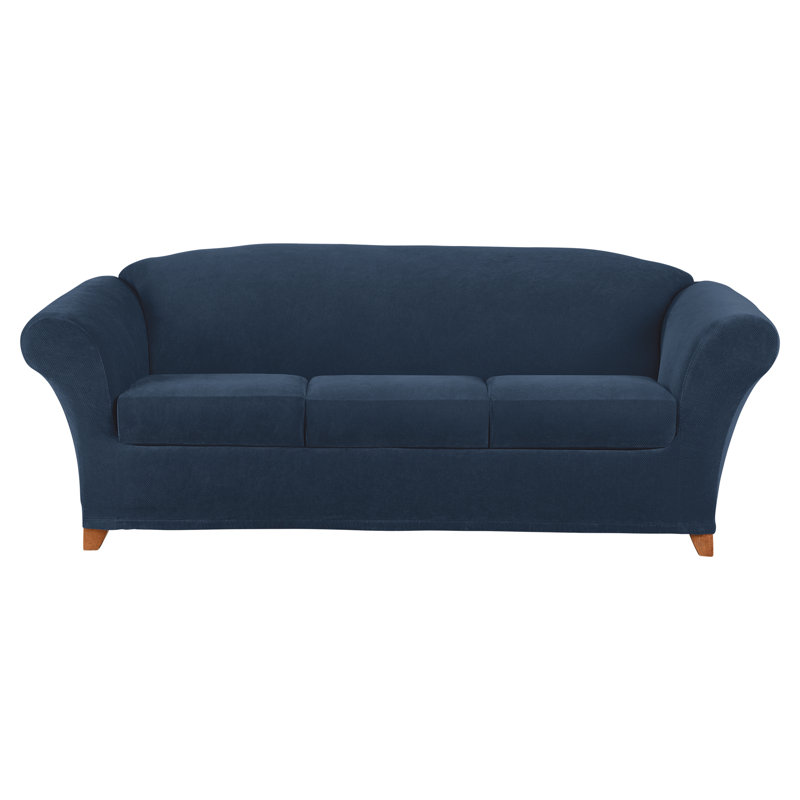 Navy Stretch Pique 3-Seat Sofa Slipcover with Zippered Cushions