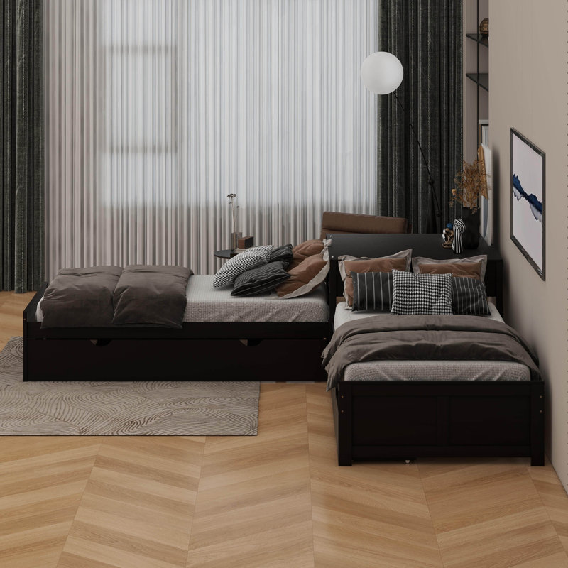 Lit plateforme simple en L avec lit gigogne, bureau et tiroirs, Espresso