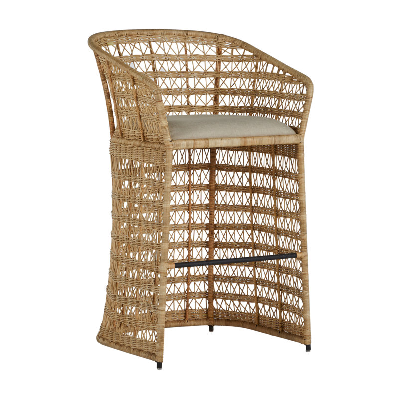 Libby Beige and Gray Rattan Bar Stool with Metal Footrest