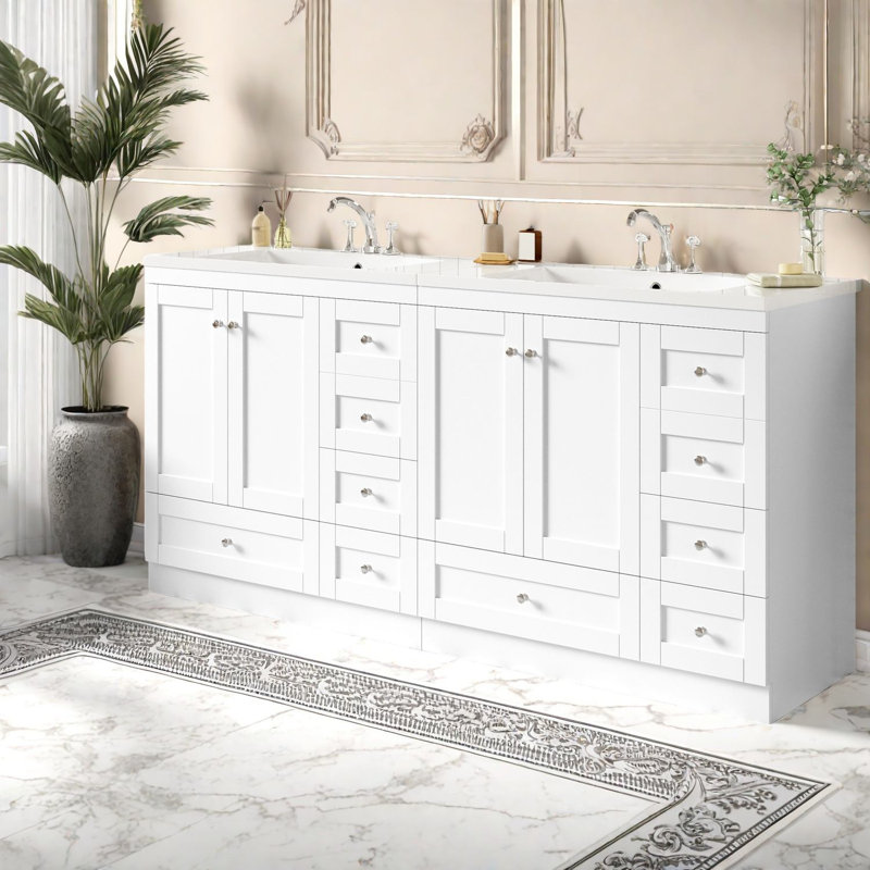 Spacieux meuble-lavabo blanc 72 po avec lavabo en résine, style Shaker moderne