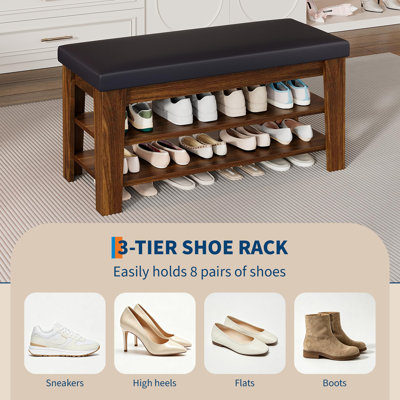 Banc de rangement pour chaussures d'entrée, banc de rangement à chaussures en bois à 2 niveaux - aspect bois massif - Organisateur de couloir peu encombrant, noyer, 39,4 po
