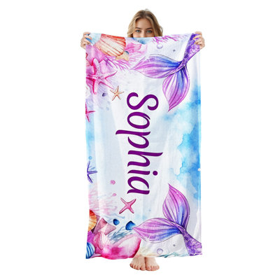  Serviette de plage personnalisée avec nom, serviette de bain en microfibre personnalisée 35 * 70 pouces, aquarelle sirène