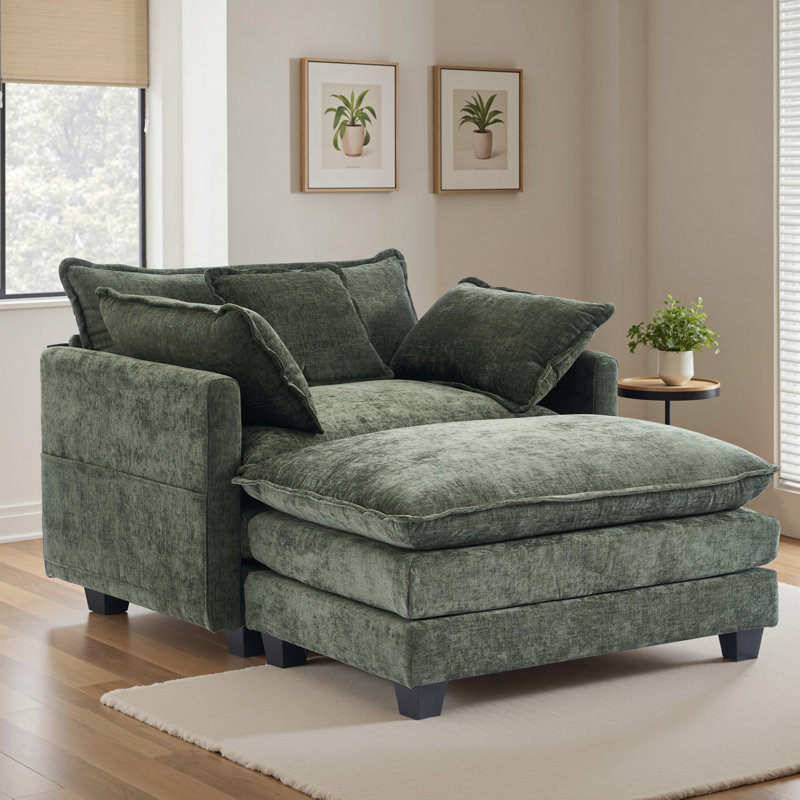 Mercer41 Upholstered 41.7"  Chenille Armchair with Ottoman, Green