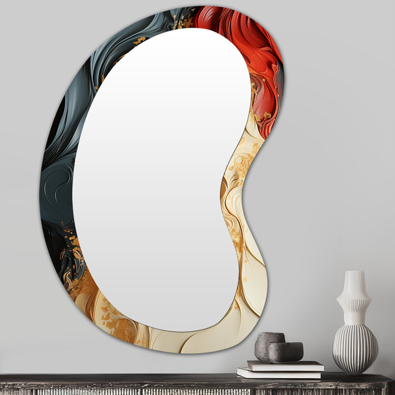 Eria Red and gold marble volcano IV - Abstract Painting Asymmetrical Large Mirror, Modern Unique Shape Decorative Wall Mirror, Printed Metal Art