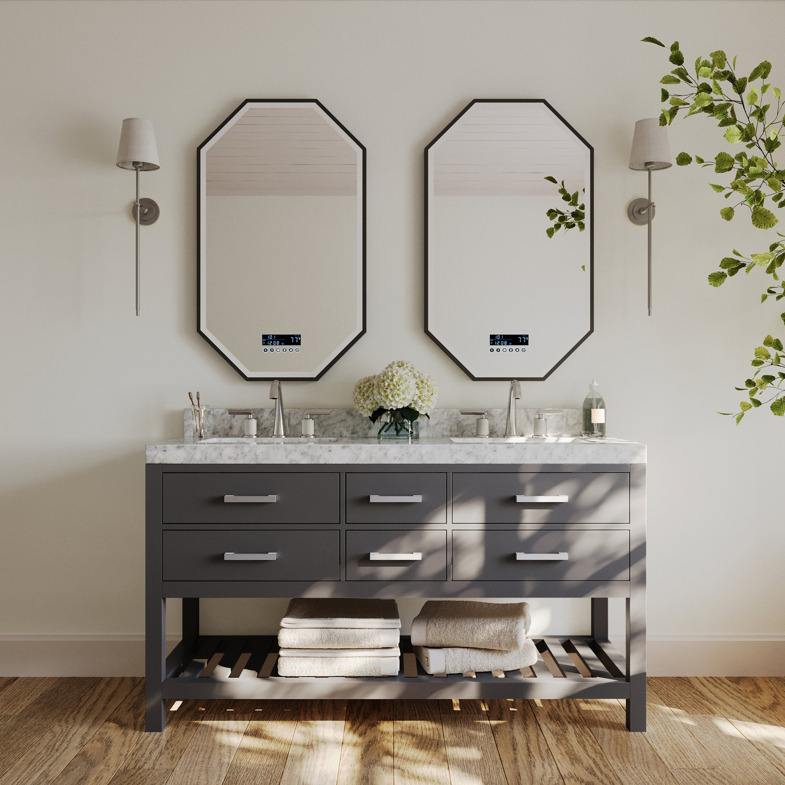Carrie 60'' Double Bathroom Vanity, Sapphire Gray/Brushed Nickel, Carrara White Marble