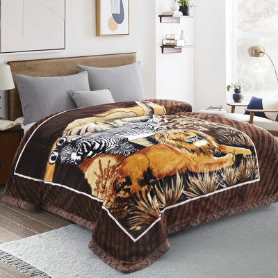 Marina Decoration Reversible 8 LB Oversized Heavy Woven Fluffy Plush Soft Warm Korean Style Mink 2 Ply Rich Printed Animal Flannel Fleece Throw Raschel Blanket, 78 x 86 Inch Deer Safari Pattern