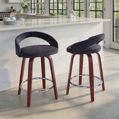 Tabouret de bar pivotant à hauteur fixe en bois d'acajou, repose-pieds en métal chromé et velours noir, lot de 2