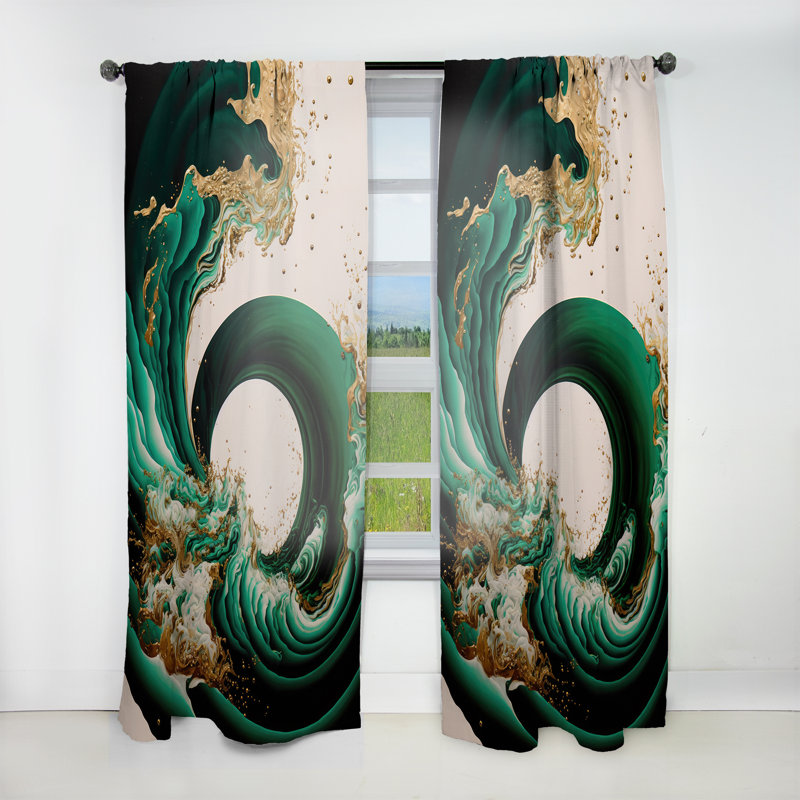 Vert émeraude et vagues abstraites dorées IV - Rideau en velours abstrait - 1 panneau, L 52 po x L 90 po