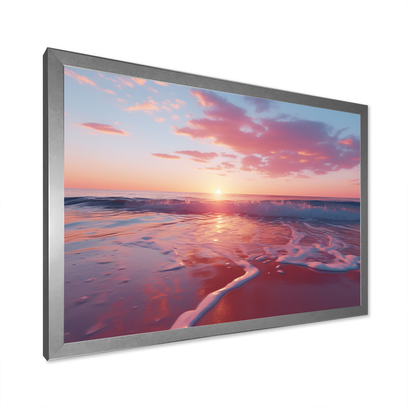 «Beach Cotton Candy Sunset Skies II» - art mural coucher de soleil côtier, Cadre de coin argenté fermé