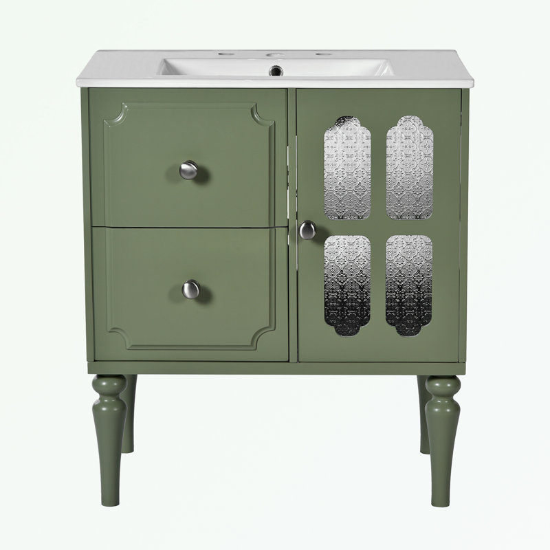 Ensemble de meuble-lavabo à structure en bois avec lavabo en résine et 2 tiroirs, Vert