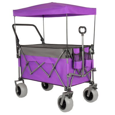 Folding Wagon With Removable Awning Canopy & Curtain, All-Terrain Beach Wagon With Balloon Wheels