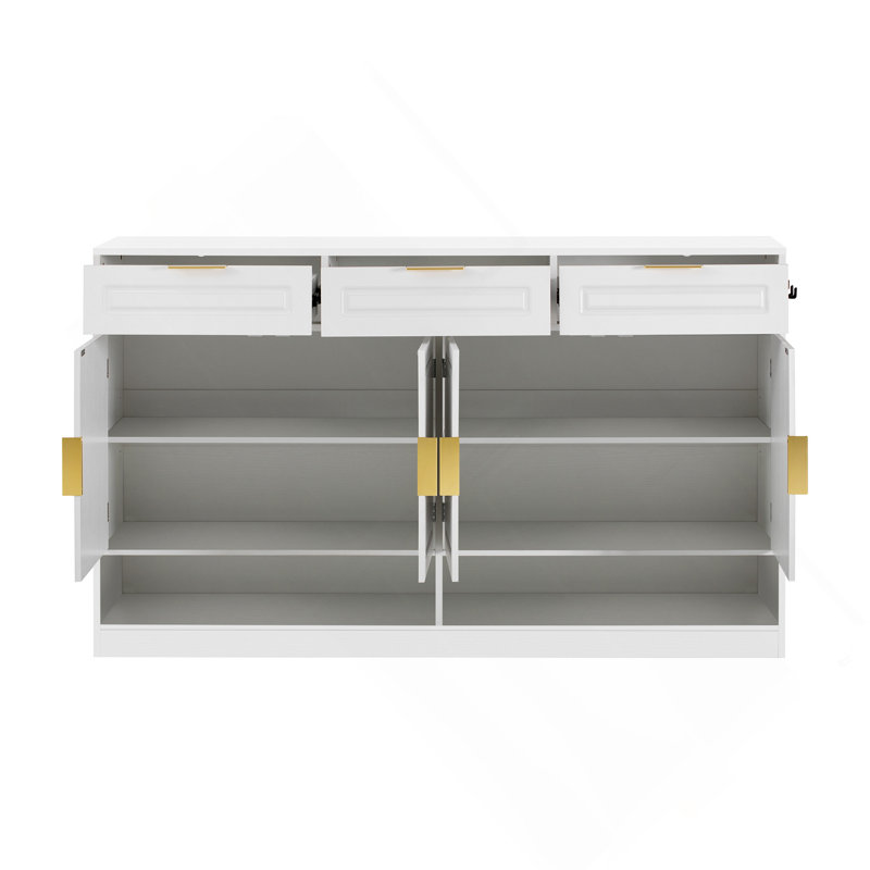 Modern Transitional 3-Drawer 2-Door Storage Cabinet With Open Shelf, White Finish & Gold Handles For Entryway, Living Room, Or Dining Room