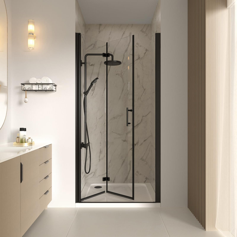 32-33 3/8'' W X 72''H Frameless Bifold Shower Door With 1/4" (6mm) Clear SGCC Tempered Glass, Pivot Swing Shower Glass Door in Matte Black Finish
