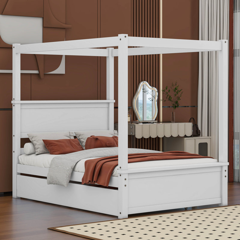 Cactier Full Size Canopy Platform bed With Trundle Bed, Brushed White