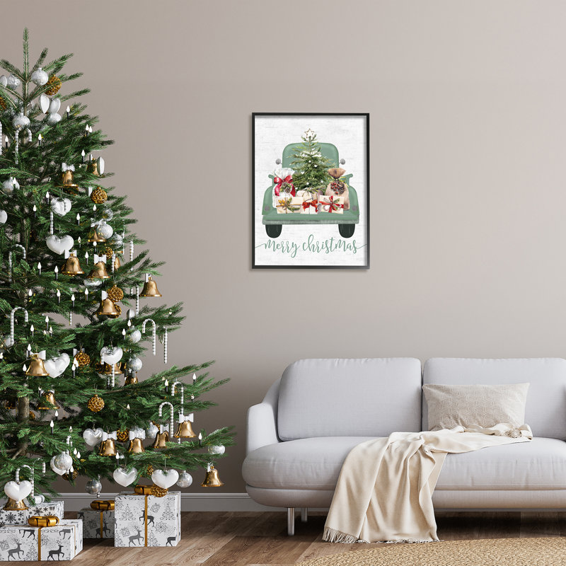 Az-655 - Camion de joyeux Noël encadré sur bois, Giclée encadrée noir minuit, H 30 po x l 24 po x P 1,5 po