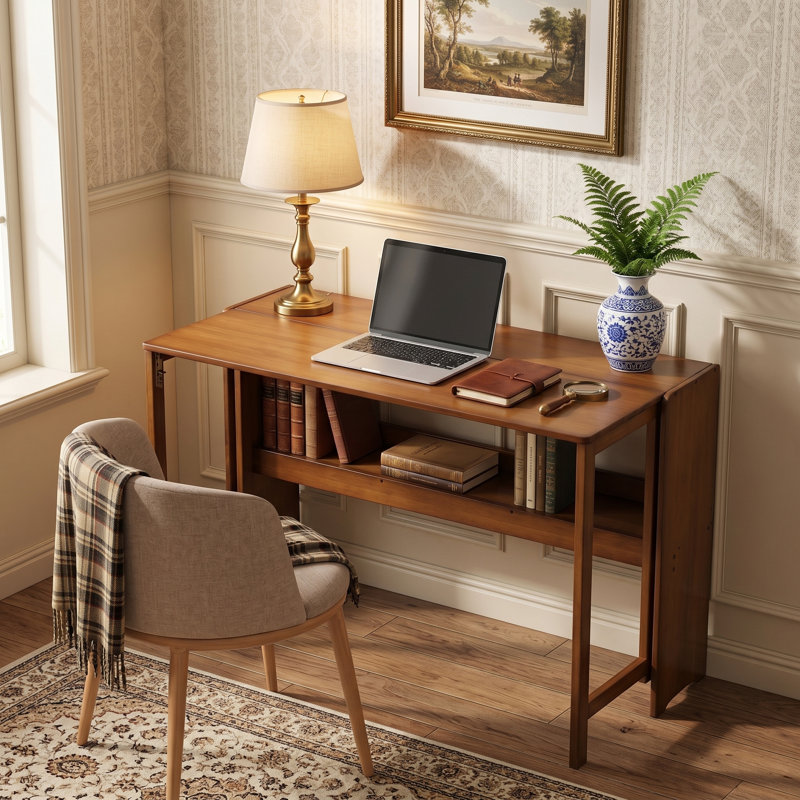 Bureau d'ordinateur pliant en bambou avec rangement caché pour petits espaces, noyer, H 29,92 po x l 32,68 po x P 21,26 po