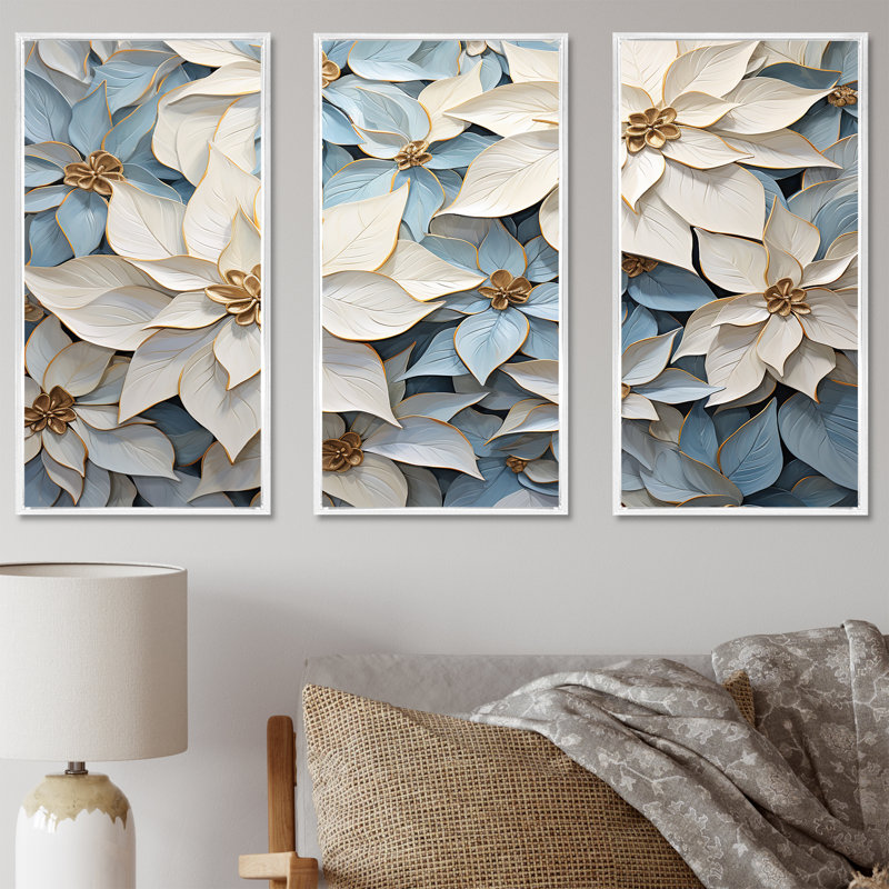 Ensemble de décoration murale poinsettias beige et bleu, Cadre flottant blanc, H 28 po x l 36 po x P 1 po