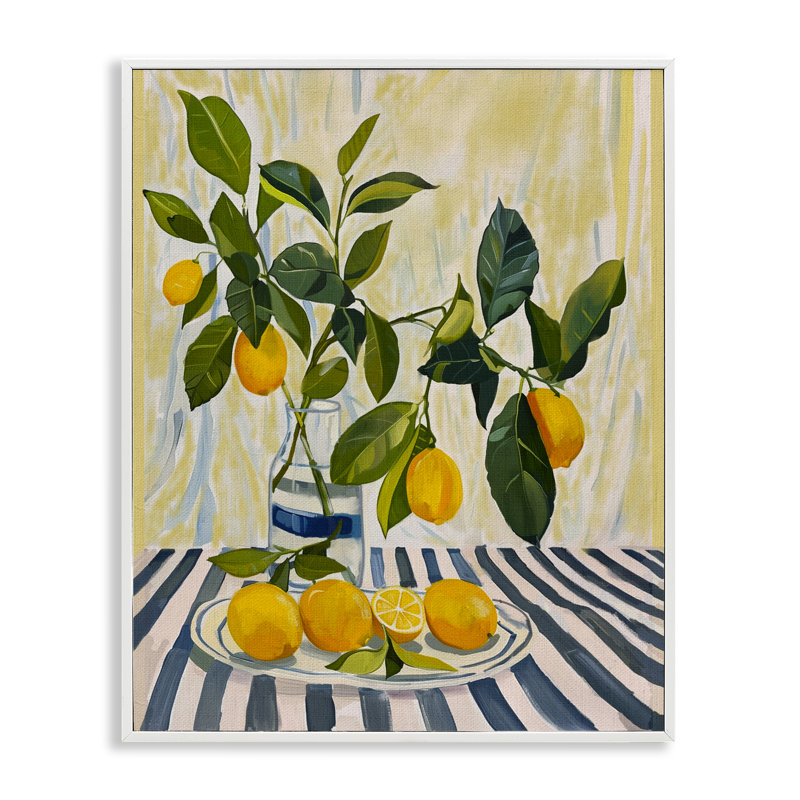 Citrons sur nappe rayée, estampe numérique, conception de Yen, 14 X 11, Encadrement giclée blanc côtier