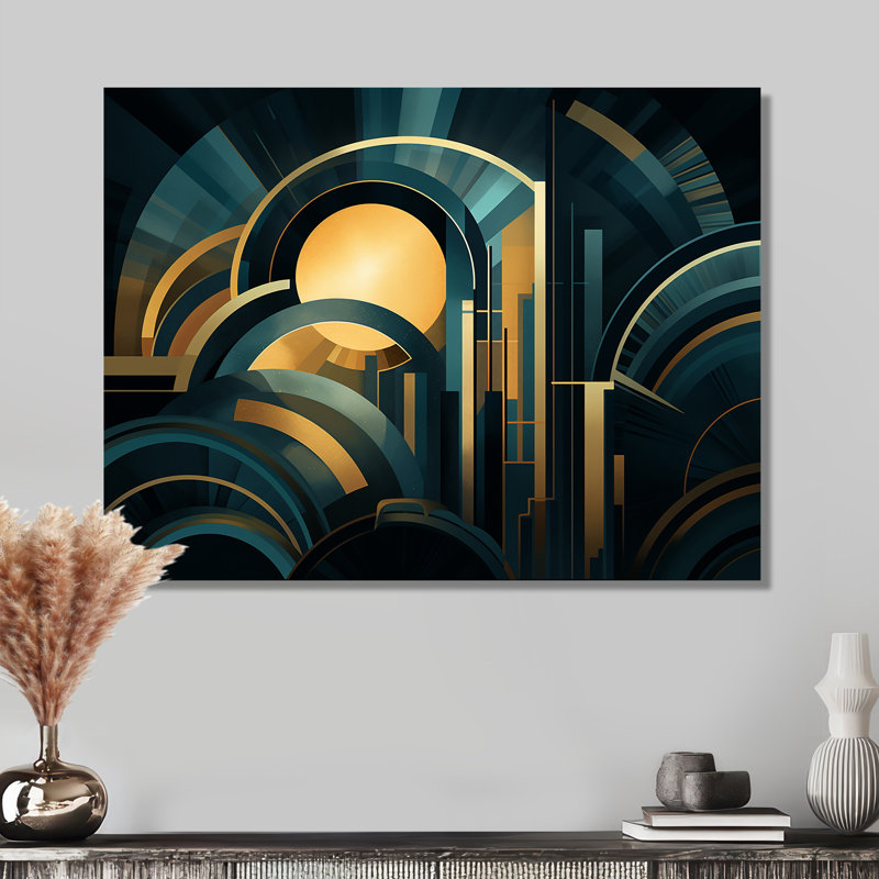 Art nouveau Golden Sunrise - art mural abstrait sur toile géométrique, Métal métal, H 12 po x l 20 po x P 1 po