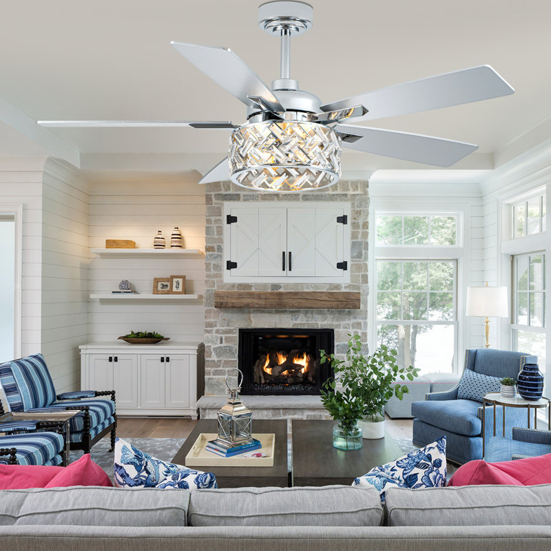  Ventilateur de plafond 52 po en cristal avec lumières et télécommande, moteur à 6 vitesses à courant continu, minuterie et ventilateur réversible pour le salon, la chambre à coucher