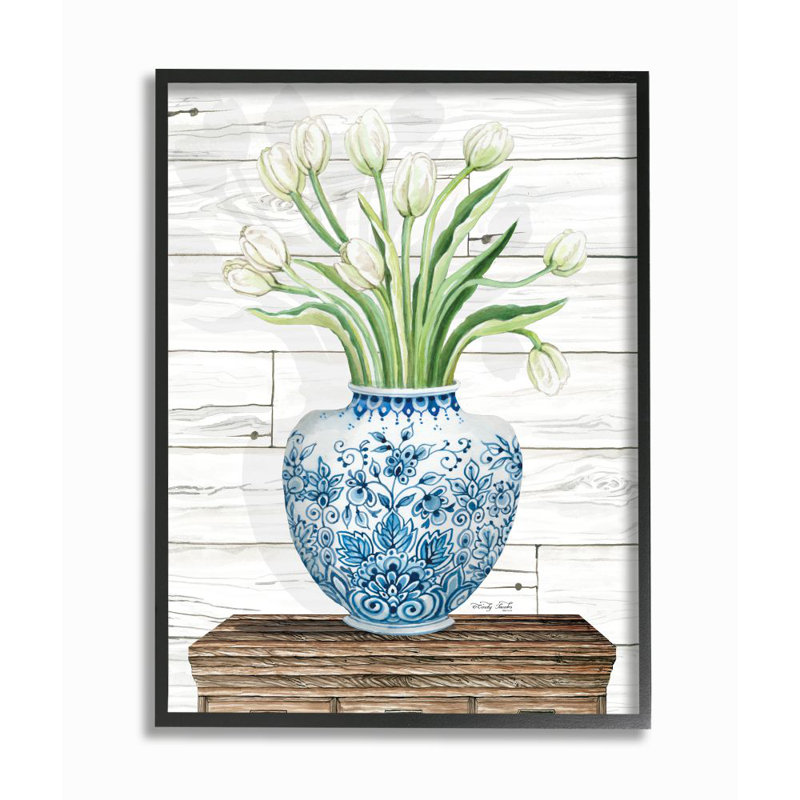 «Fresh White Tulips on Blue Floral Vase» par Cindy Jacobs - impression d'art graphique, H 14 po x l 11 po x P 1,5 po