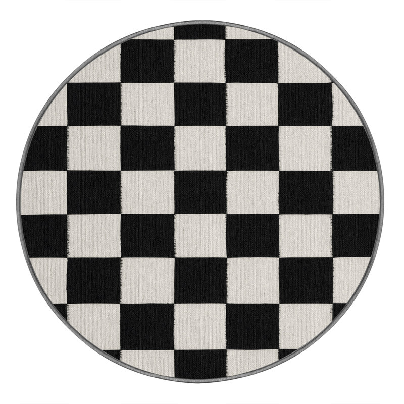 Machine Washable Checkered Gray Area Rug, Round 5'