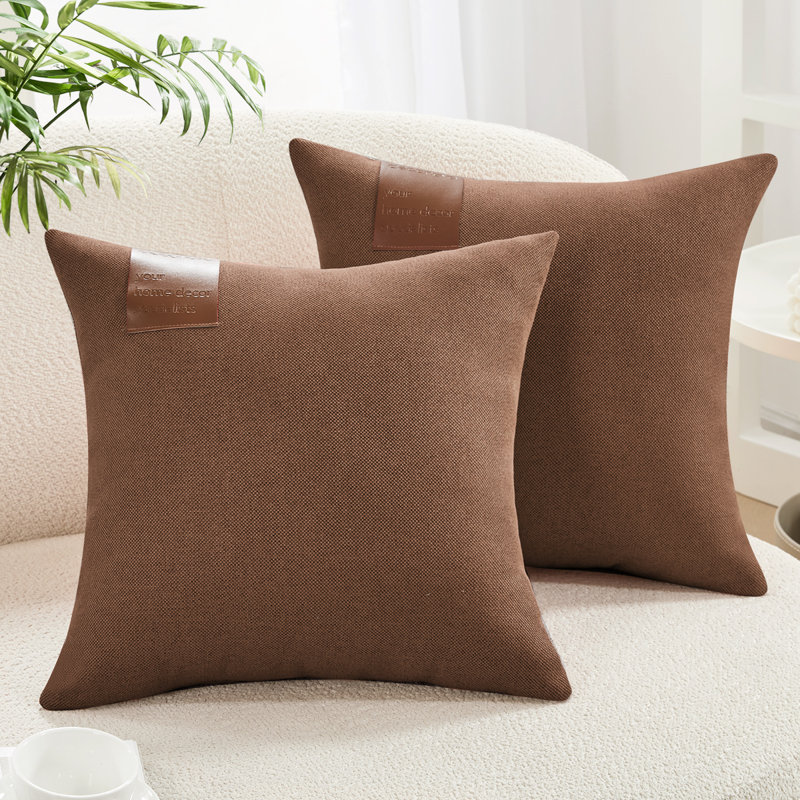 Decorative Linen Solid Throw Pillow Covers with Leather Label (Set of 4), Pumpkin, Rectangle, 16"H x 16"W