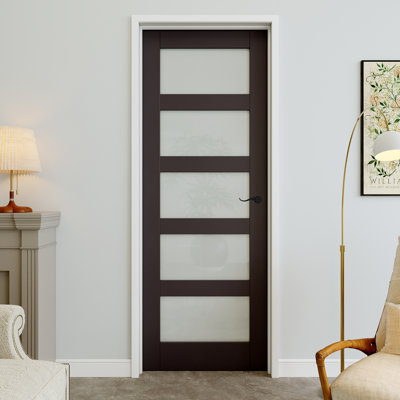 Porte pré-suspendue intérieure en verre givré noir de 28 po x 80 po 5-Lite avec levier incurvé et charnières noires, dalle de porte d'intimité en verre, insonorisant et imperméable, combinaison pour la lessive, portes de placard, portes de pièce, main gauche