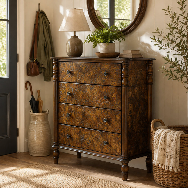 Grande commode à 4 tiroirs avec pieds en bois massif Rundelle Farmhouse, Noyer