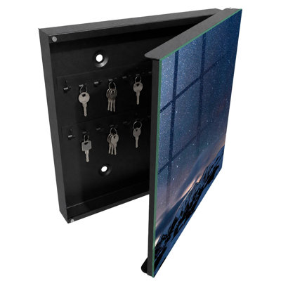 Key cabinet for home, Opens to the right, 30x30x5, Black, snow-capped mountains at night under a starry sky, 