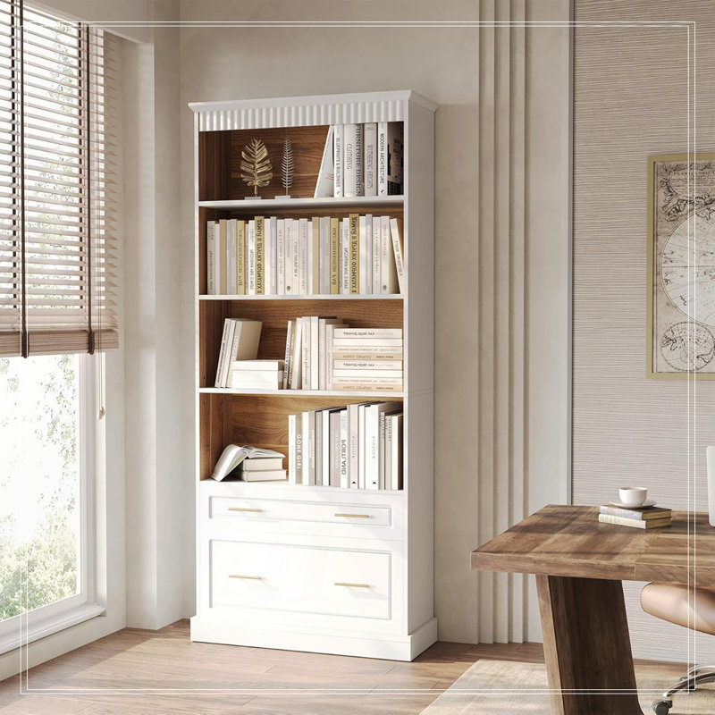Bibliothèque 72,83 "à 5 niveaux avec rangement à 2 tiroirs pour le salon