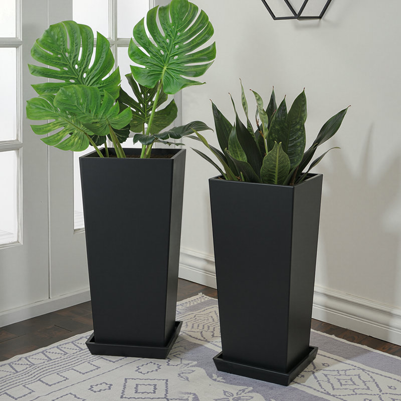 24-Inch Tall Tapered Planter Set of 2 with Tray, Large Indoor Outdoor Flower Pots with Drainage, Modern Decorative Planters for Porch, Patio, Garden, Backyard, Black (Approx. 61 cm)