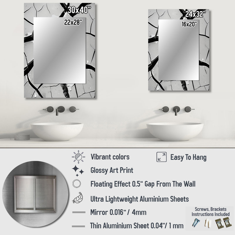 Noir et blanc apaisant fissures - miroir mural abstrait, miroir décoratif moderne, impression d'art en métal, 32 po x 24 po