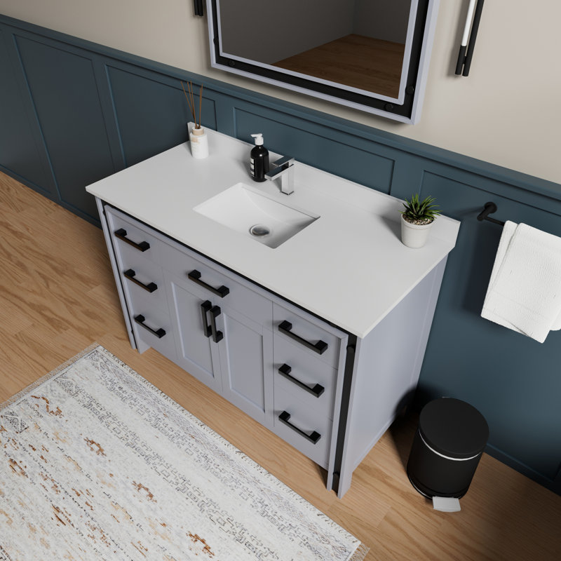 Ensemble de meuble-lavabo avec comptoir en quartz blanc et robinet, Gris foncé