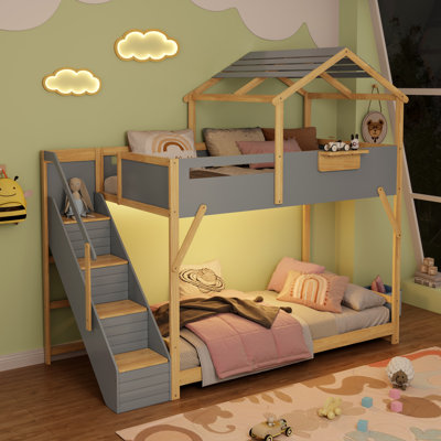 Twin over Twin House Bunk Bed with Stairs, 3-Color LED Lights, Kids Bedroom Furniture, Gray