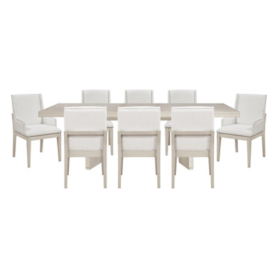 Beautiful Antique White Finish Dining Set 9pcs Extendable Table and Upholstered Chairs Wooden Classic Furniture