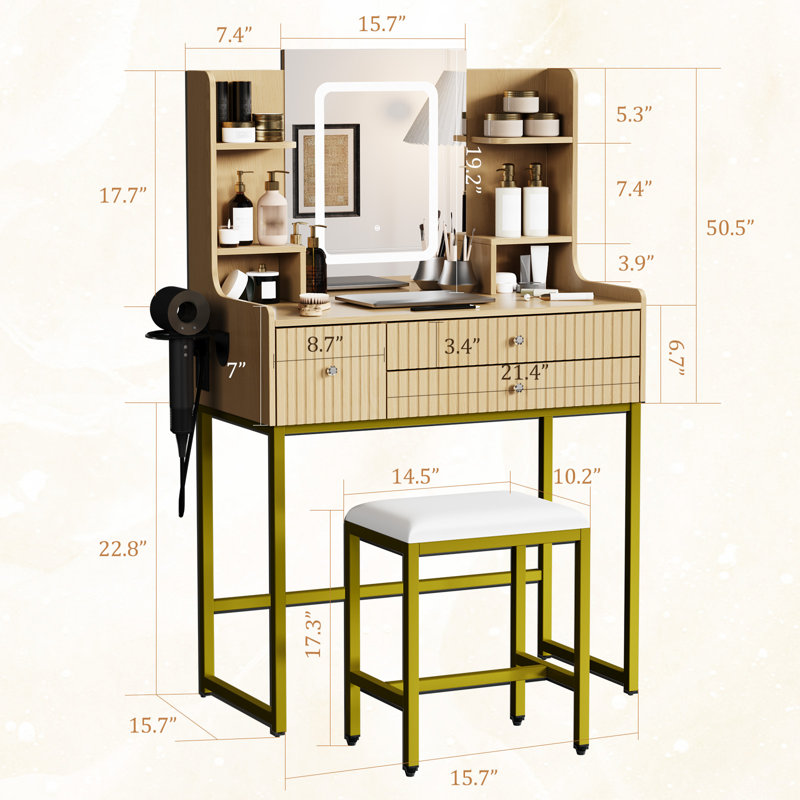 Meuble-lavabo cannelé avec miroir lumineux, tabouret et prise de courant, Beige
