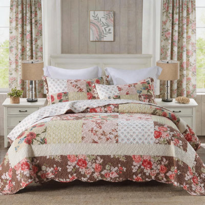 HoneiLife Queen Size 3-Piece 100% Cotton Patchwork Bedding Set, Crimson Blossom Park Handmade Quilt with Matching Pillow Shams