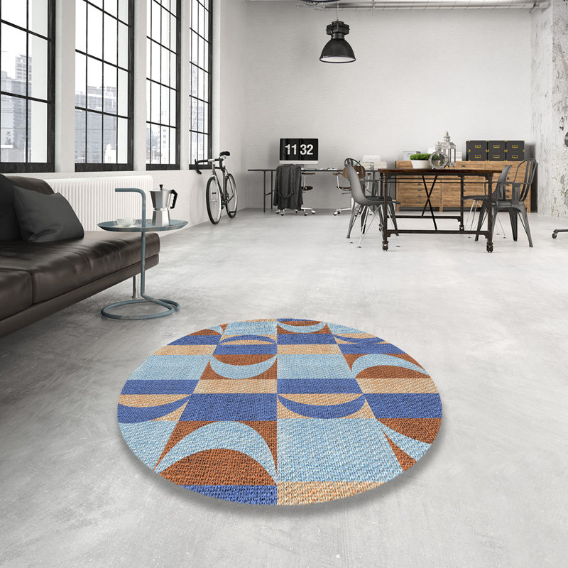 Tapis bleu/mauve à motifs, Rond 4 pi