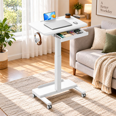 Bureau assis-debout portatif réglable en hauteur (71 cm) avec tiroirs, roulettes, crochet et poste de recharge pour la maison ou le bureau, blanc