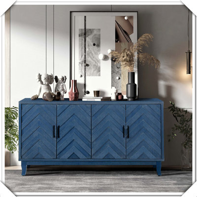 Retroy Vintage 4-Door Credenza Cabinet Storage Buffet Solid Wood Base